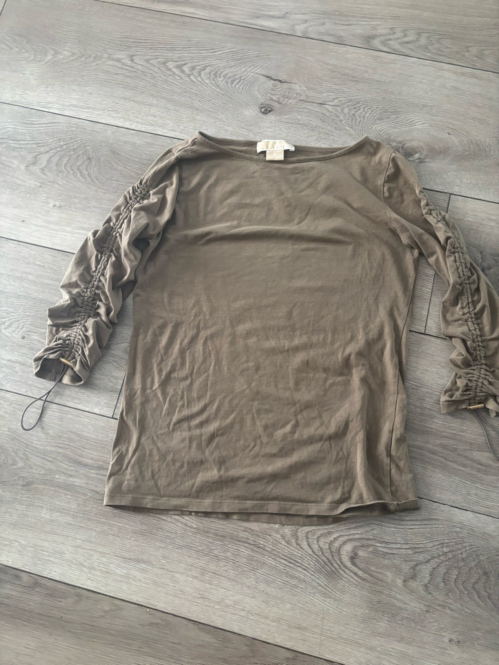 Michael Kors Olive Green Long Sleeve Ruched-Sleeve Tee
